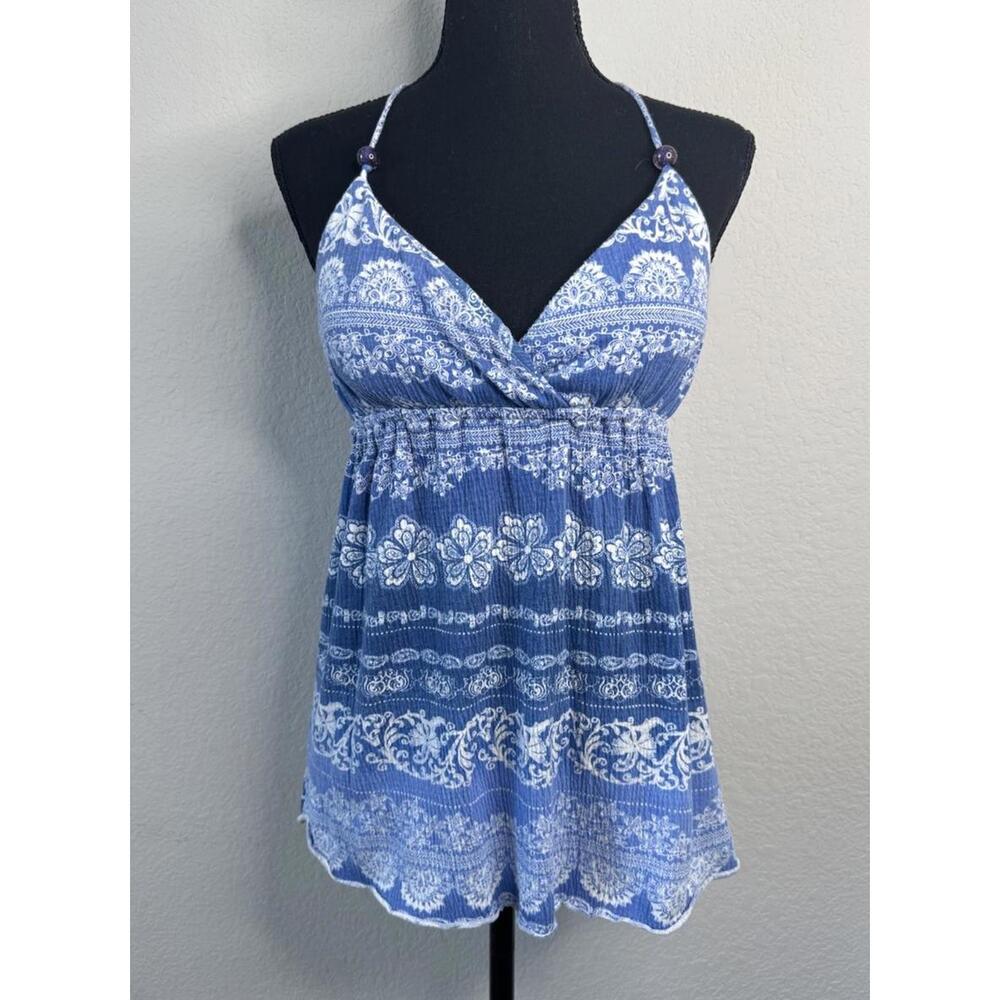 Vintage Y2K Self Esteem Blue Floral Tie Back Babydoll Sleeveless Top Sz‎ L 90s